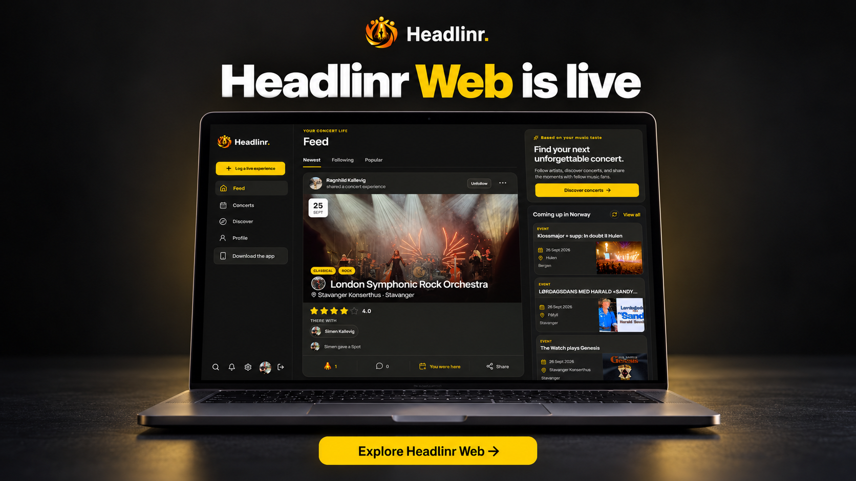 Headlinr Web on a laptop, showing the concert feed, a rated live experience and upcoming concerts